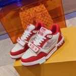 Louis Vuitton LV Unisex Trainer Sneaker Red Monogram Denim Rubber Outsole Monogram Flower - Image 3