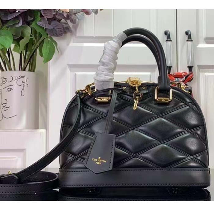 Louis Vuitton LV Women Alma BB Handbag Black Lamb Cowhide Leather (10)