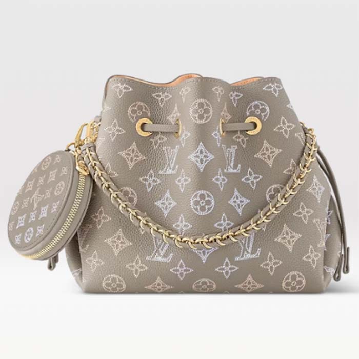 Louis Vuitton LV Women Bella Bucket Bag Gray Mahina Perforated Calfskin Leather Microfiber Lining