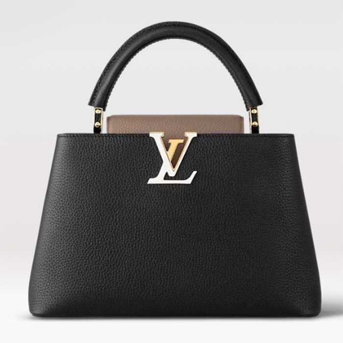 Louis Vuitton LV Women Capucines MM Handbag Black Fusain Cognac Taurillon Cowhide Leather