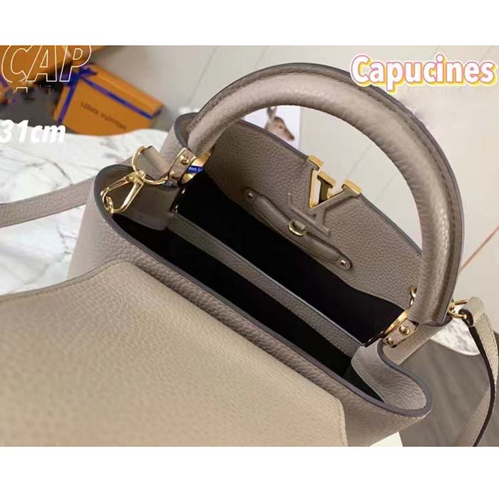 Louis Vuitton LV Women Capucines MM Handbag Galet Gray Taurillon Cowhide Leather (10)