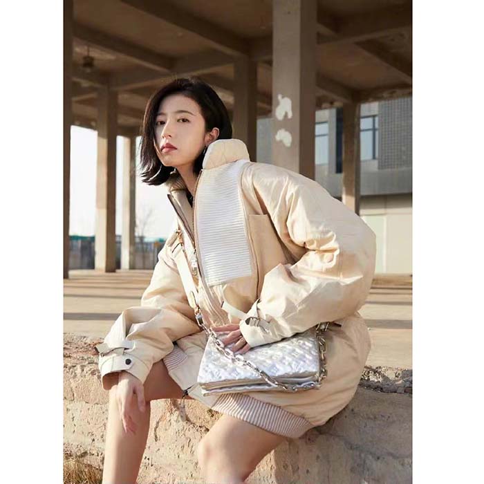 Louis Vuitton LV Women Coussin PM Handbag Silver Lambskin Cowhide Lining Zip Closure (1)