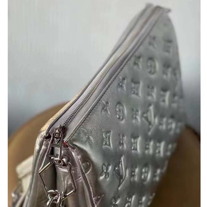 Louis Vuitton LV Women Coussin PM Handbag Silver Lambskin Cowhide Lining Zip Closure (11)