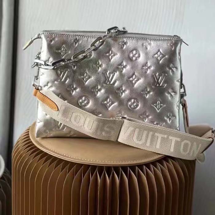 Louis Vuitton LV Women Coussin PM Handbag Silver Lambskin Cowhide Lining Zip Closure (12)