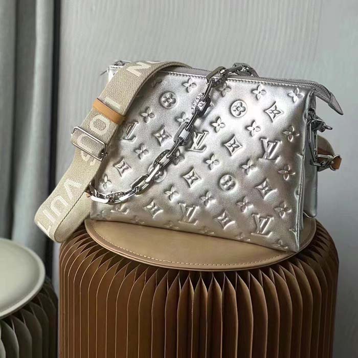 Louis Vuitton LV Women Coussin PM Handbag Silver Lambskin Cowhide Lining Zip Closure (7)