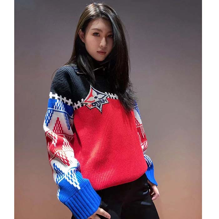 Louis Vuitton LV Women LV Tricolor Knit High Neck Pullover Cashmere Bright Red