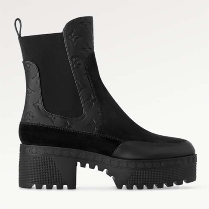 Louis Vuitton LV Women Laureate Platform Chelsea Boot Black Suede Monogram-Debossed Calf Leather