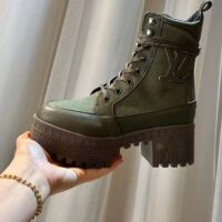 Louis Vuitton LV Women Laureate Platform Desert Boot Khaki Green Textile Leather Laces Treaded Rubber (2)