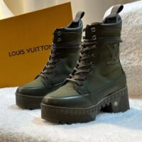 Louis Vuitton LV Women Laureate Platform Desert Boot Khaki Green Textile Leather Laces Treaded Rubber (2)