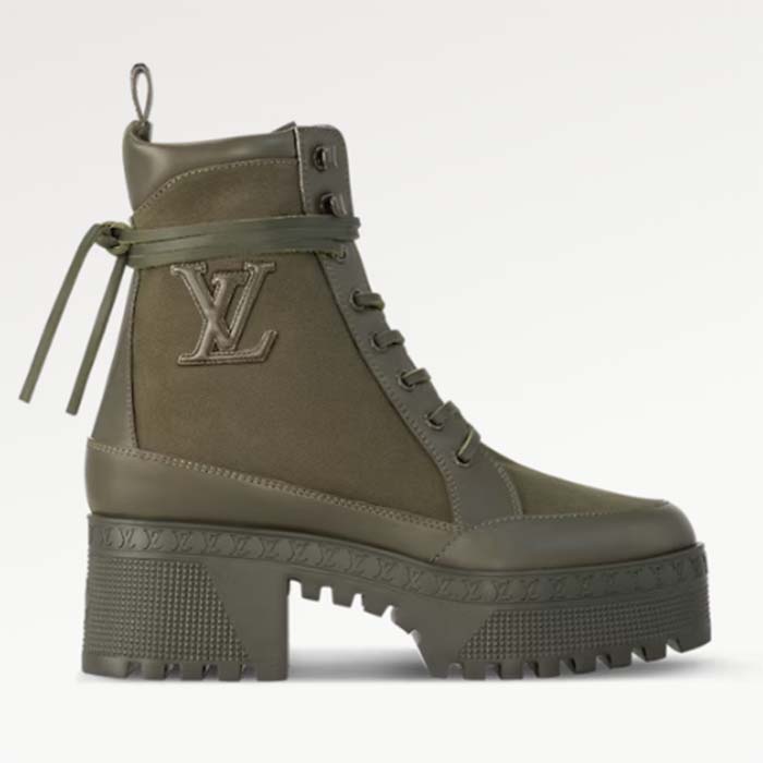 Louis Vuitton LV Women Laureate Platform Desert Boot Khaki Green Textile Leather Laces Treaded Rubber