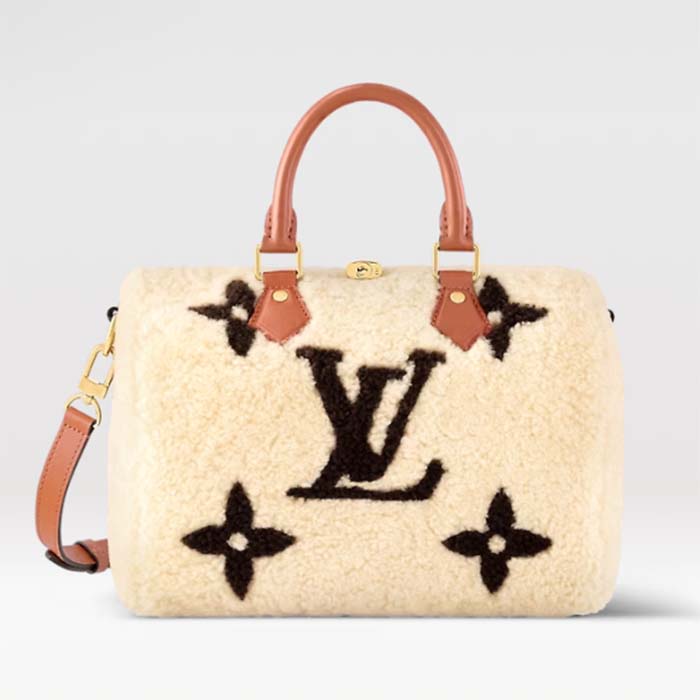 Louis Vuitton LV Women SKI Speedy Bandoulière 25 CreamBrown Shearling Cowhide-Leather