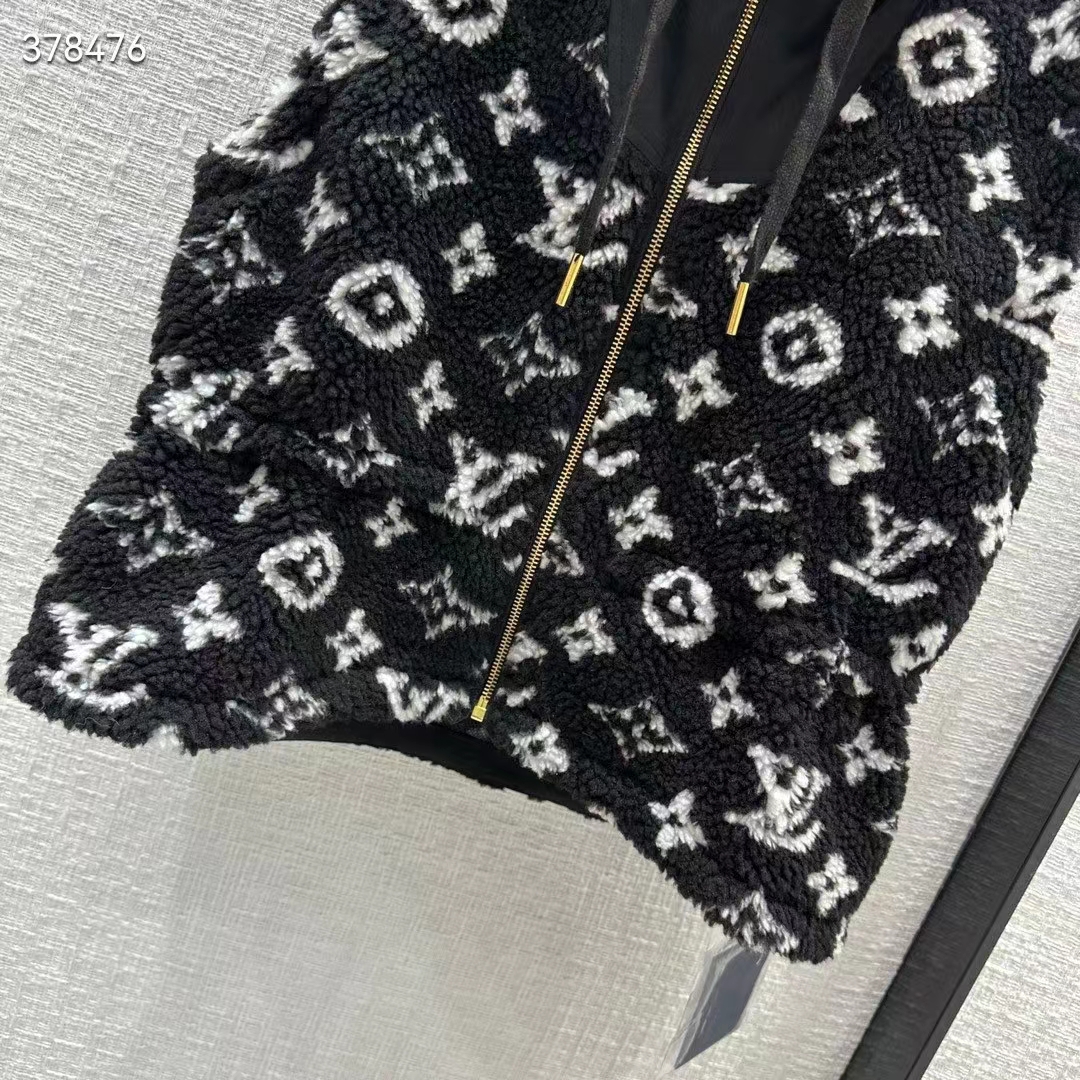Louis Vuitton LV Women Sleeveless Hooded Monogram Teddy Jacket Acrylic Wool Black White (1)