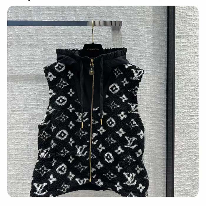 Louis Vuitton LV Women Sleeveless Hooded Monogram Teddy Jacket Acrylic Wool Black White (2)