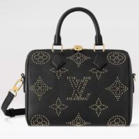 Louis Vuitton LV Women Speedy Bandoulière 25 Handbag Black Monogram Empreinte Grained Cowhide Leather Studs