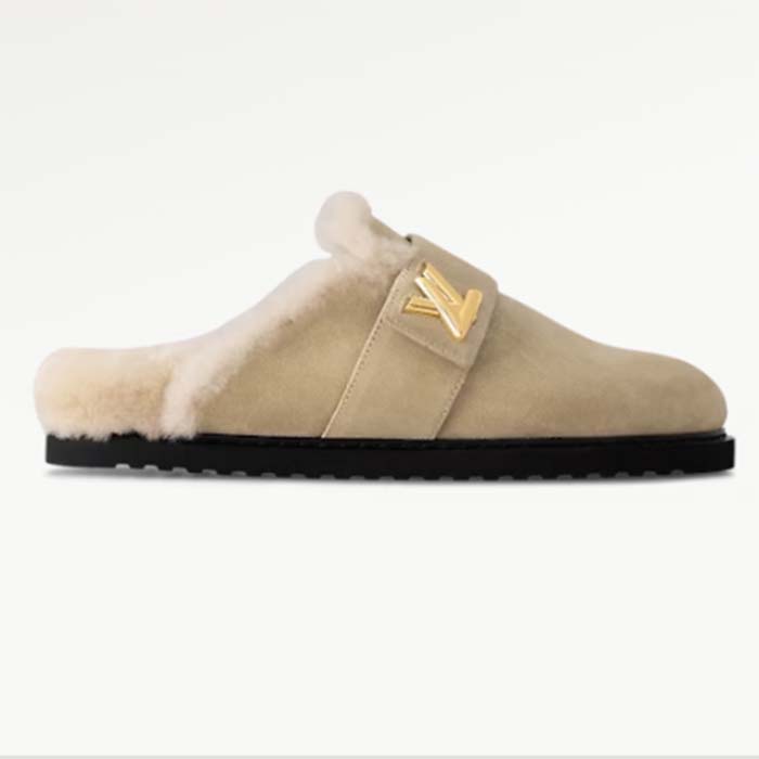 Louis Vuitton Unisex LV Cosy Flat Comfort Clog Natural Suede Calf Leather Shearling