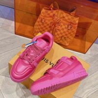 Louis Vuitton Unisex LV Trainer Sneaker Fuchsia Calf Leather Rubber Outsole Monogram Flower (9)