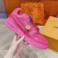 Louis Vuitton Unisex LV Trainer Sneaker Fuchsia Calf Leather Rubber Outsole Monogram Flower (9)