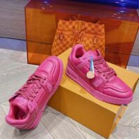 Louis Vuitton Unisex LV Trainer Sneaker Fuchsia Calf Leather Rubber Outsole Monogram Flower (9)