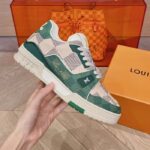 Louis Vuitton Unisex LV Trainer Sneaker Green Damier Grained Calf Leather Rubber Monogram Flowers - Image 7