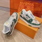 Louis Vuitton Unisex LV Trainer Sneaker Green Damier Grained Calf Leather Rubber Monogram Flowers - Image 3
