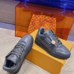 Louis Vuitton Unisex LV Trainer Sneaker Grey Calf Leather Rubber Outsole Monogram Flower – Image 2
