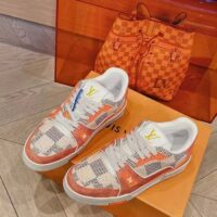 Louis Vuitton Unisex LV Trainer Sneaker Orange Damier Grained Calf Leather Rubber Monogram Flowers (8)