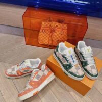 Louis Vuitton Unisex LV Trainer Sneaker Orange Damier Grained Calf Leather Rubber Monogram Flowers (8)