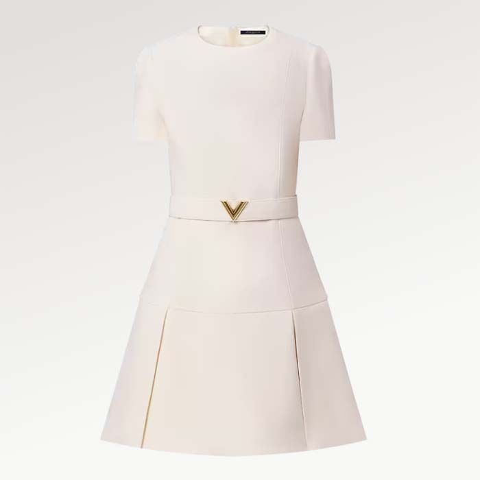 Louis Vuitton Women LV Belted Skater Dress White Short Dress Golden V Logo