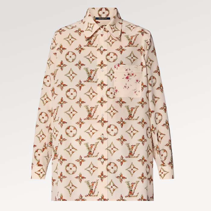 Louis Vuitton Women LV Floral Monogram Pajama Shirt Silk Pink Beige Regular Fit