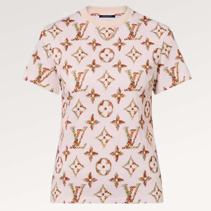 Louis Vuitton Women LV Floral Monogram T-Shirt Cotton Pink Beige Regular Fit