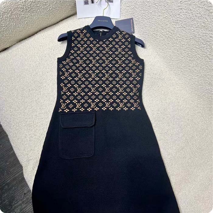 Louis Vuitton Women LV Monogram Jacquard Knit Dress Silk Polyamide Elastane Black Brown (8)