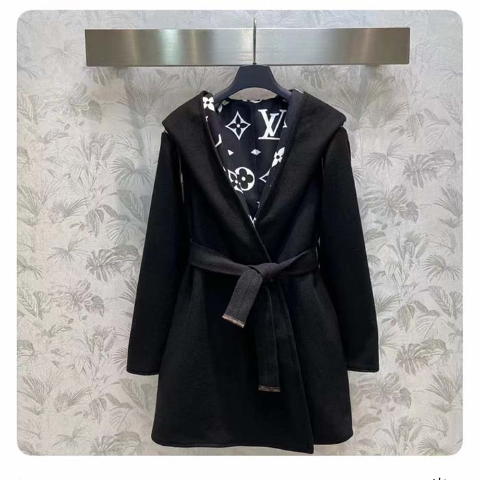 Louis Vuitton Women LV Reversible Zipper Sleeve Hooded Wrap Coat Black Wool Silk (11)