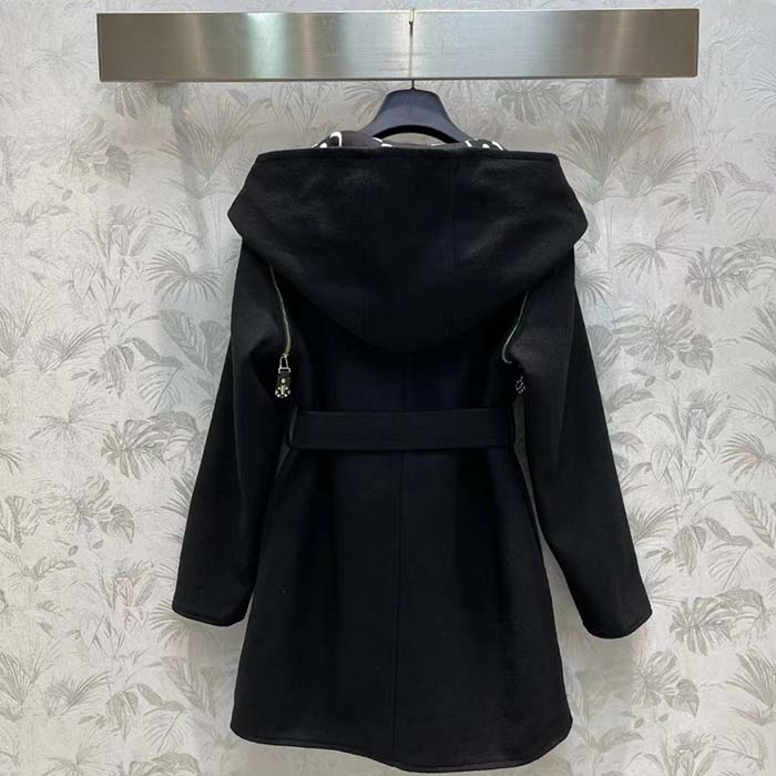 Louis Vuitton Women LV Reversible Zipper Sleeve Hooded Wrap Coat Black Wool Silk (12)