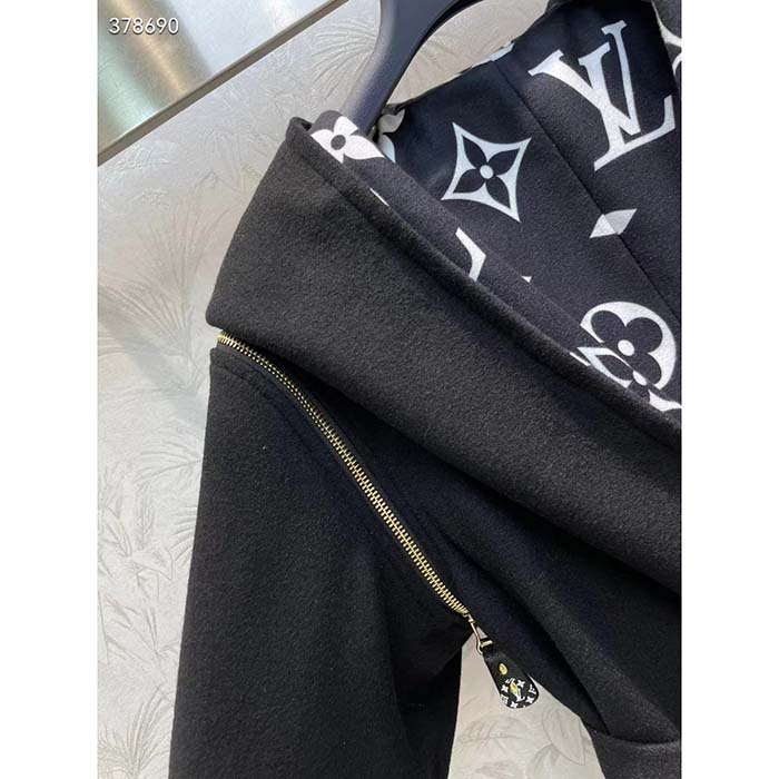 Louis Vuitton Women LV Reversible Zipper Sleeve Hooded Wrap Coat Black Wool Silk (16)