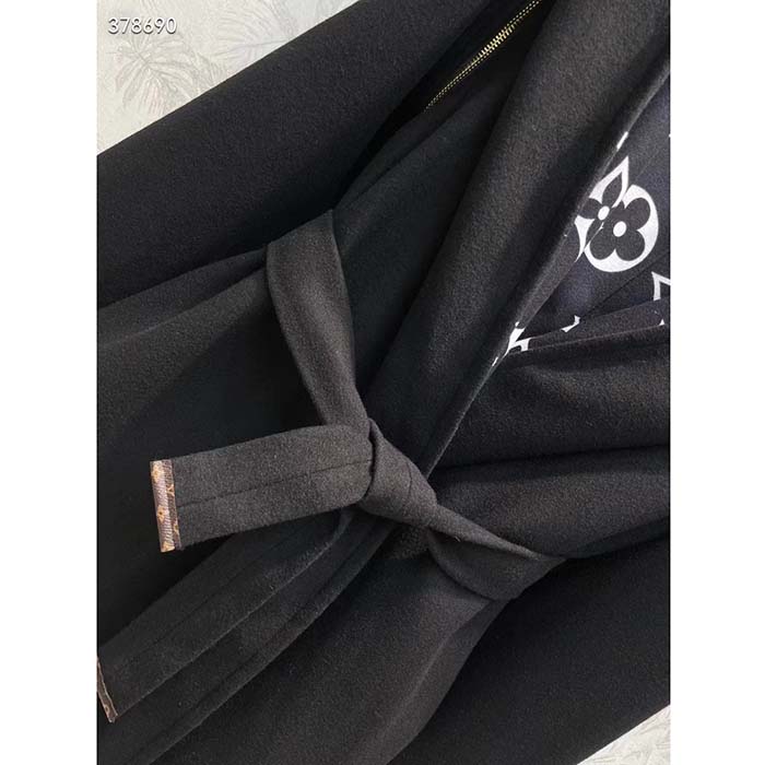 Louis Vuitton Women LV Reversible Zipper Sleeve Hooded Wrap Coat Black Wool Silk (18)