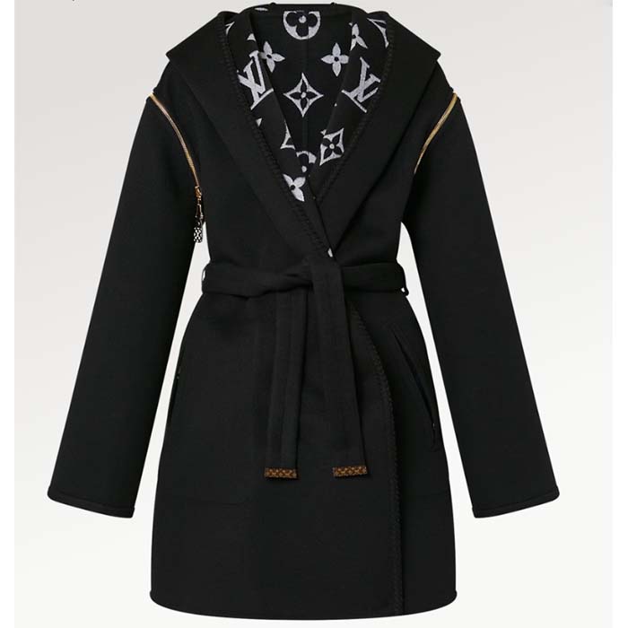 Louis Vuitton Women LV Reversible Zipper Sleeve Hooded Wrap Coat Black Wool Silk