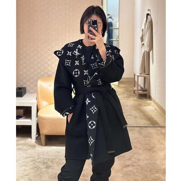 Louis Vuitton Women LV Reversible Zipper Sleeve Hooded Wrap Coat Black Wool Silk (8)