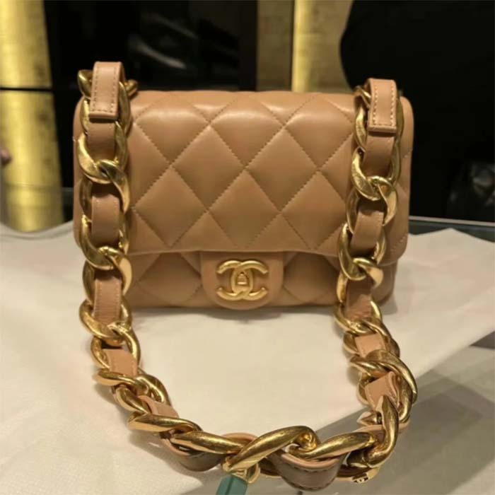 Chanel Women CC 22 Flap Bag Calfskin Gold Tone Ruthenium-Finish Metal Brown