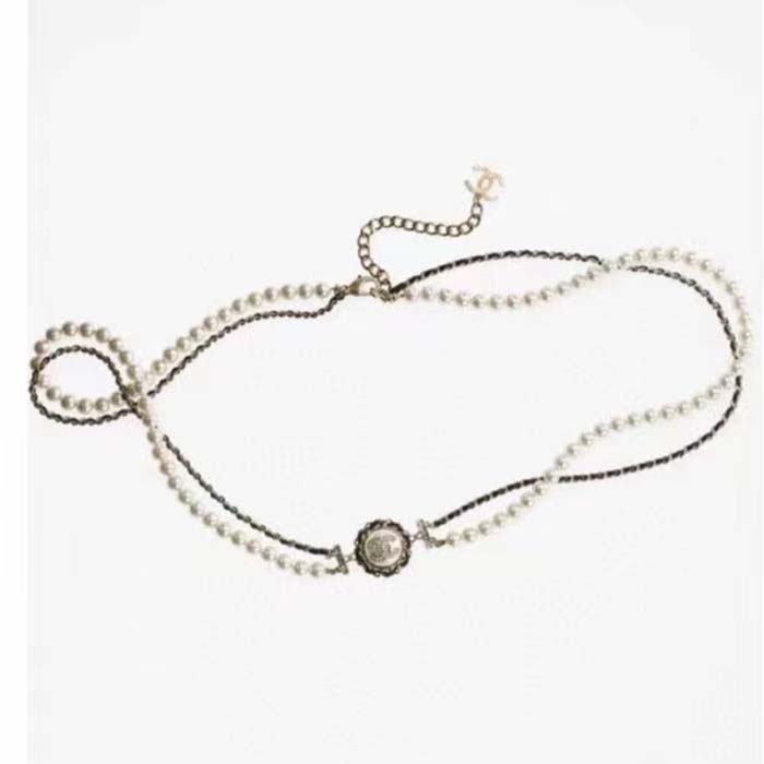 Chanel Women CC Chain Belt Calfskin Glass Pearls Black Pearly White Crystal Gold-Tone Metal Strass