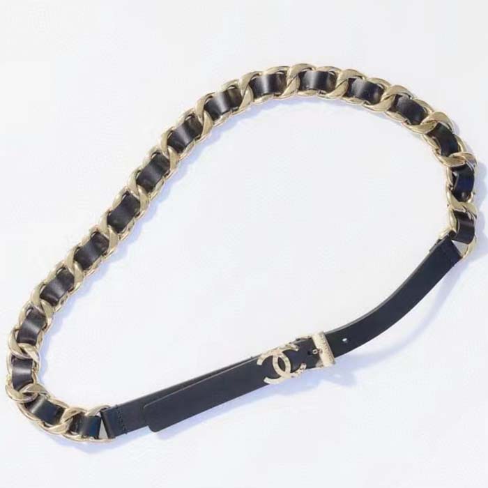Chanel Women CC Chain Belt Calfskin Leather Gold-Tone Metal Strass Black