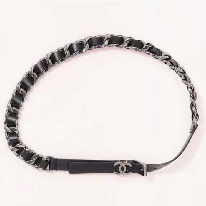 Chanel Women CC Chain Belt Calfskin Leather Silver-Tone Metal Strass Black