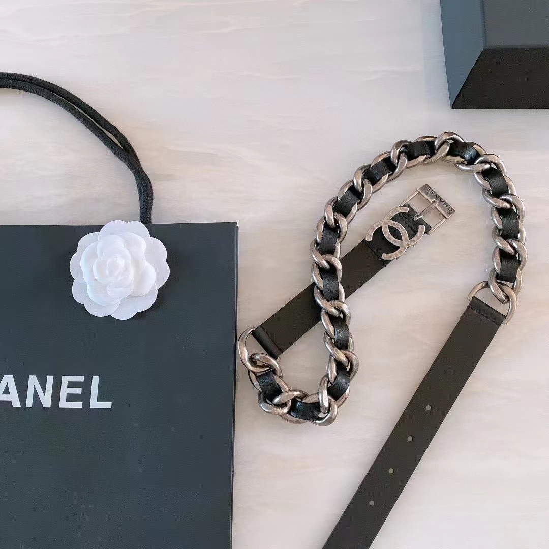 Chanel Women CC Chain Belt Calfskin Leather Silver-Tone Metal Strass Black
