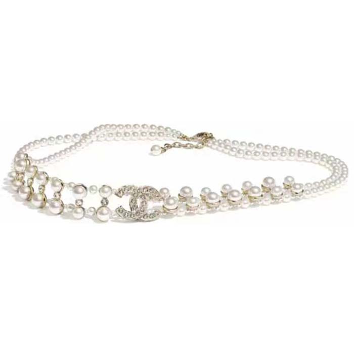 Chanel Women CC Chain Belt Gold Metal Resin Glass Pearls Strass Pearly White Crystal