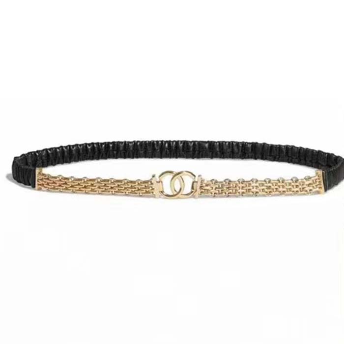 Chanel Women CC Chain Belt Lambskin Leather Gold-Tone Metal Strass Black