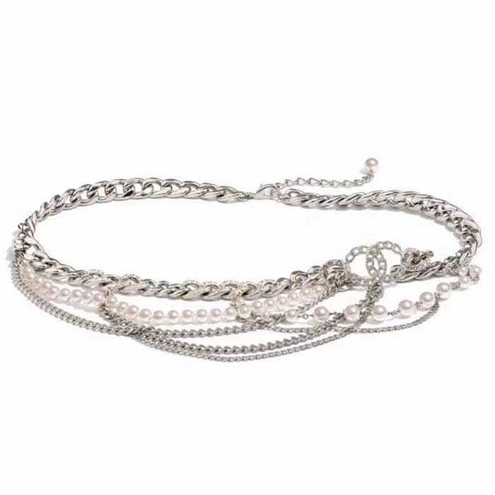Chanel Women CC Chain Belt Metal Resin Glass Pearls Strass Silver Pearly White Crystal