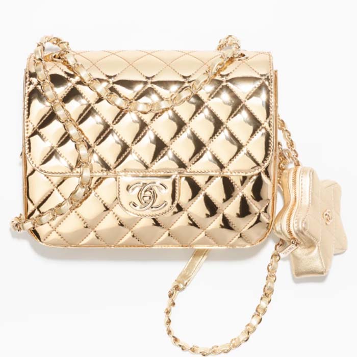Chanel Women CC Flap Bag Star Coin Purse Mirror Calfskin Metallic Calfskin Gold-Tone Metal Gold