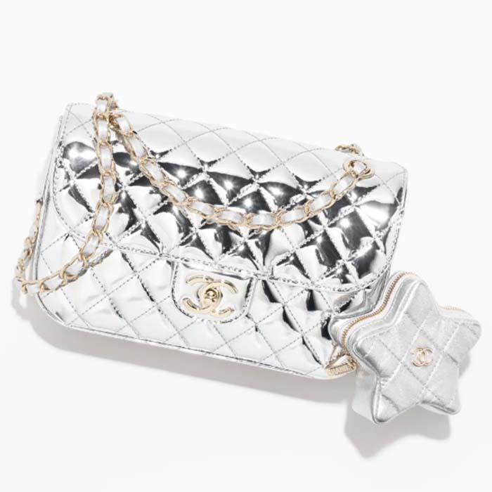 Chanel Women CC Flap Bag Star Coin Purse Mirror Calfskin Metallic Calfskin Gold-Tone Metal Silver