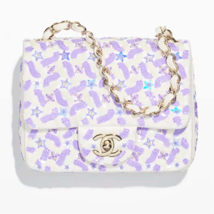 Chanel Women CC Mini Flap Bag Embroidered Satin Sequins Glass Beads Strass Star Sequins Purple White