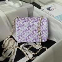 Chanel Women CC Mini Flap Bag Embroidered Satin Sequins Glass Beads Strass Star Sequins Purple White (1)