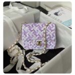 Chanel Women CC Mini Flap Bag Embroidered Satin Sequins Glass Beads Strass Star Sequins Purple White - Image 2